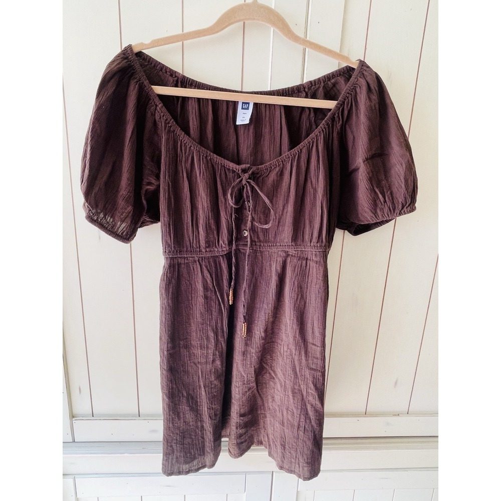 Vintage Gap Brown Cotton Gauze Mini Shirtdress XL Women Short Sleeve Beaded Tie